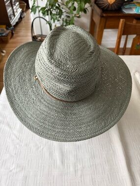 NWT sage olive color 15” brim to brim sun hat with leather band and chin strap.